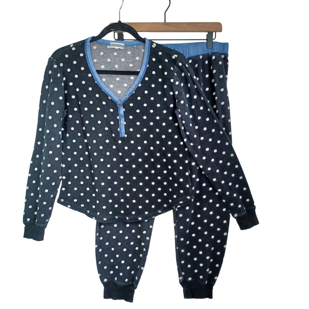 PJ‎ Salvage Womens Pajama Set Medium Black Polka Dot Waffle Knit Henley Joggers